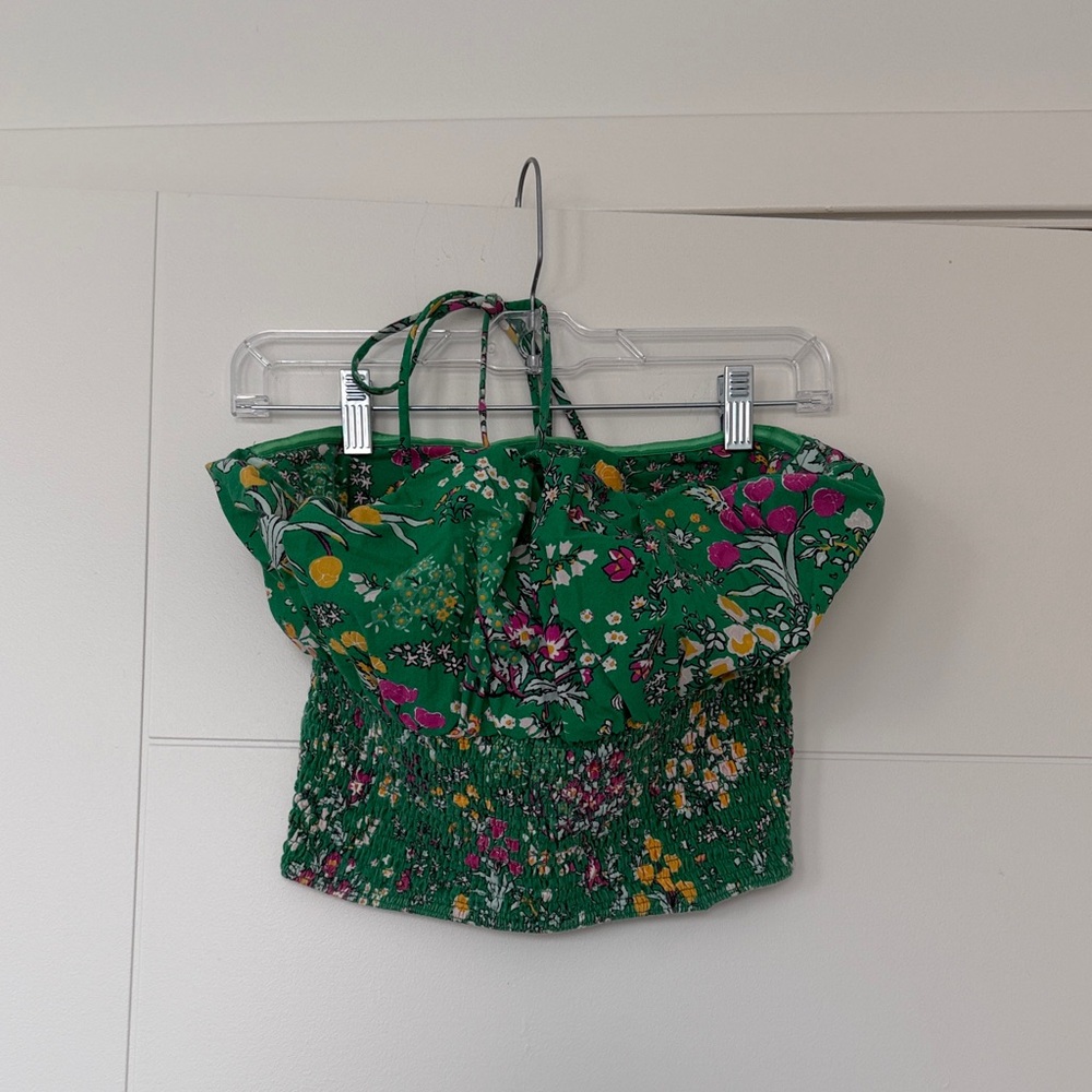 Green Floral Smocked Crop Top